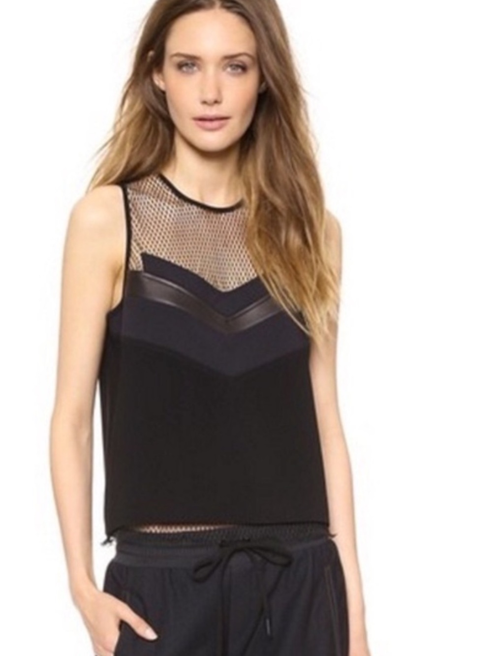 rag & bone ‘Smith’ Crop Mesh Tank Top with Lamb Leather Panels – Size Small